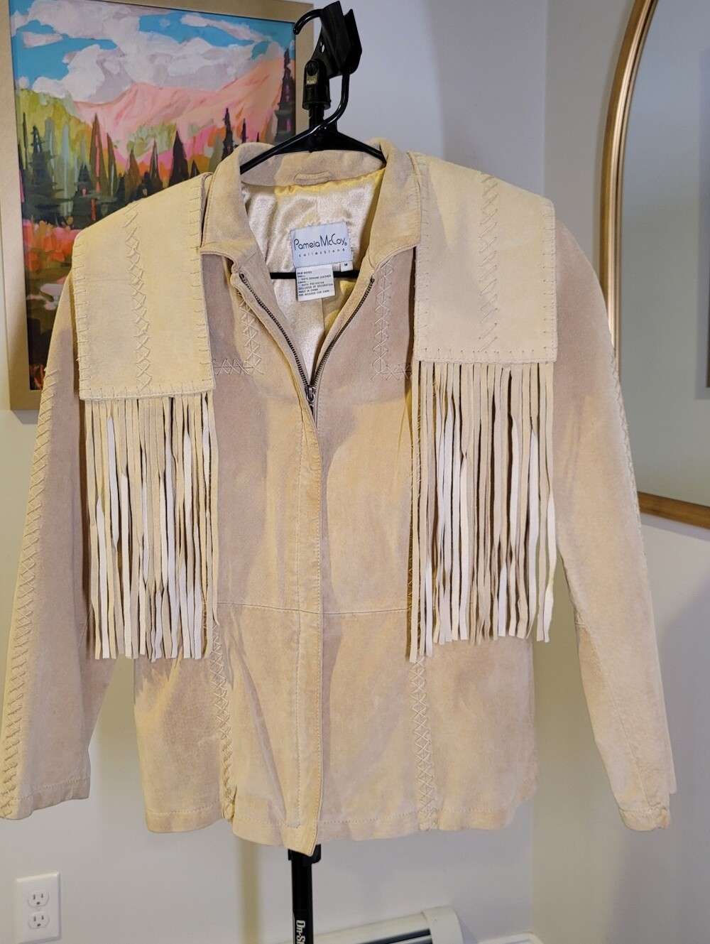 Vintage PAMELA MCCOY COLLECTIONS Suede Jacket Beige Whipstitch Fringe Sz M